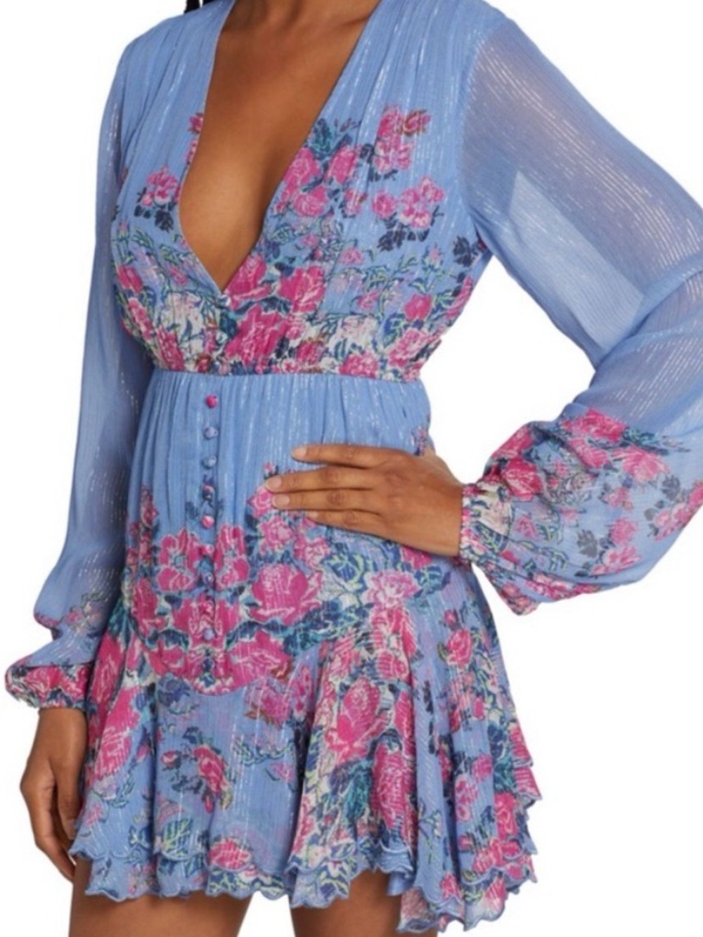 Blue Floral Mini Dress with Pink Rose Print